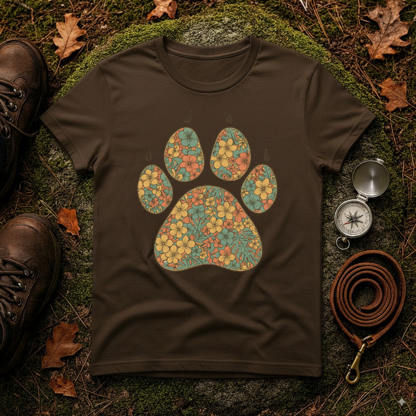 Vintage Tropical Floral Paw Print T-Shirt | Dog Lover Graphic Tee