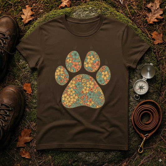 Vintage Tropical Floral Paw Print T-Shirt | Dog Lover Graphic Tee
