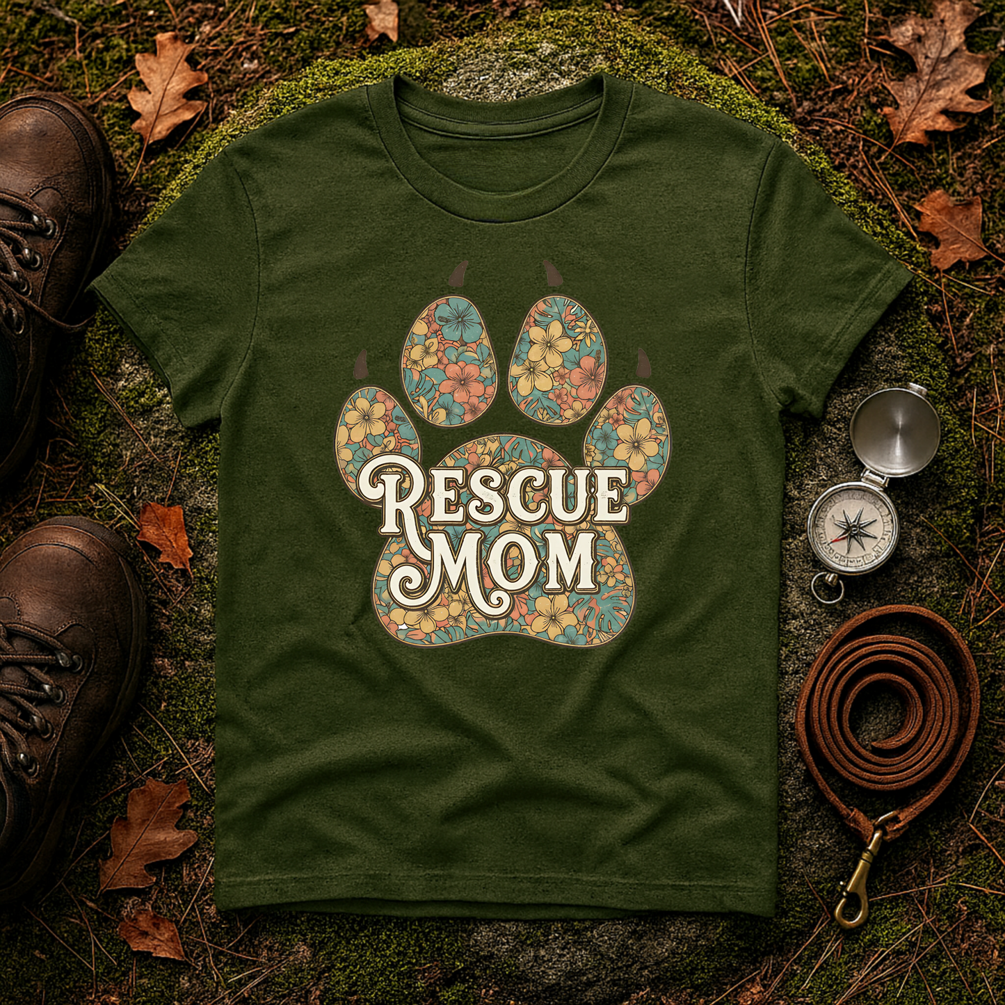 Rescue Mom T-Shirt | Floral Paw Print Dog Lover Tee