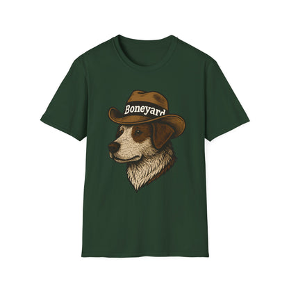Cowboy Dog T-Shirt – Boneyard Western Pet Lover Tee, Unisex Soft style T-Shirt, Animal Lover Gift, Casual Wear, Pet Owner Apparel, Birthday Present