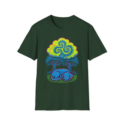 Psychedelic Sleeping Dog T-Shirt with Trippy Fractals, Gift for Nature Lovers, Unisex Tee, Festival Wear, Boho Style, Eco-Friendly Clothing