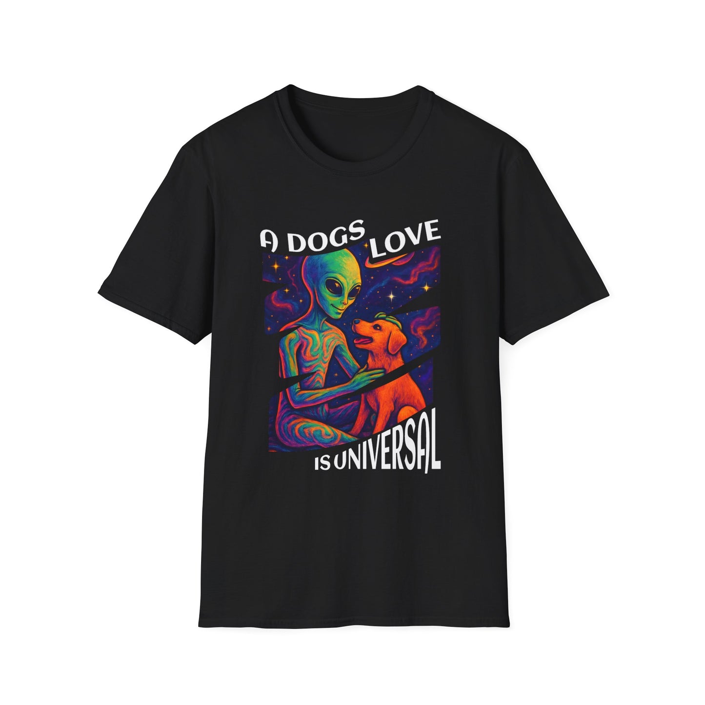 Universal Love Graphic Tee, Alien Dog Lover Shirt, Gift for Dog Owners, Unique Unisex T-Shirt, Fun Casual Wear, Cosmic Pets Apparel