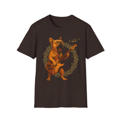 Rocking French Bulldog Unisex T-Shirt, Dog Lover Gift, Music Tee, Funny Graphic Shirt, Pet Themed Apparel