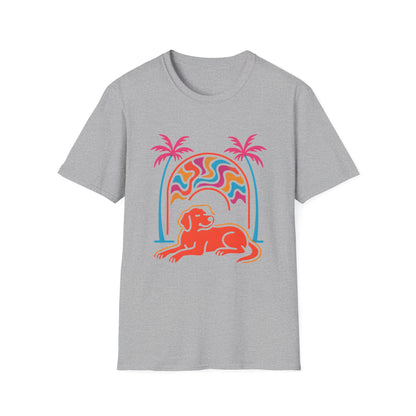 Psychedelic Dog Palm Trees Tee - Retro Sunset