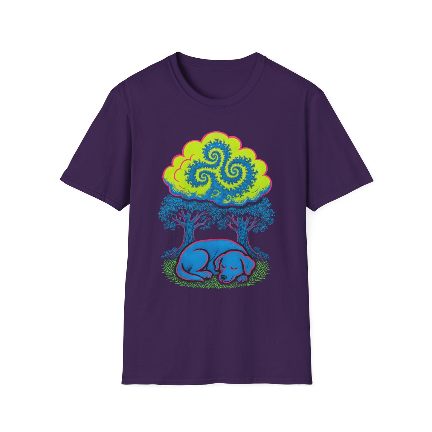 Psychedelic Sleeping Dog T-Shirt with Trippy Fractals, Gift for Nature Lovers, Unisex Tee, Festival Wear, Boho Style, Eco-Friendly Clothing