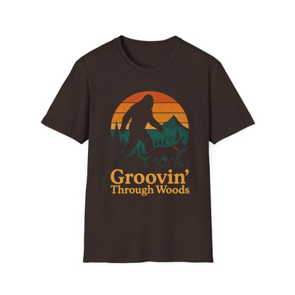 Bigfoot Walking Dog T-Shirt Funny Hiking Pet Lover Tee, Nature Lover Gift, Outdoor Enthusiast Apparel, Groovin' Through Woods Shirt