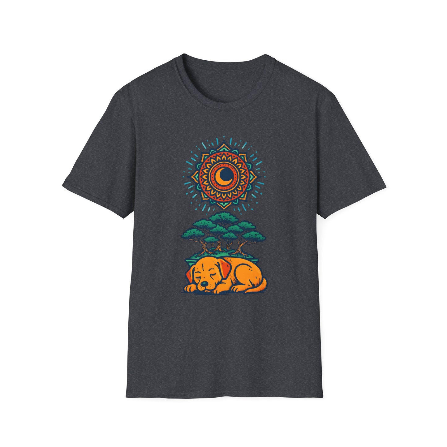 Zen Sleeping Dog T-Shirt with Bonsai and Mandala Art, Cozy Summer Shirt, Casual Wear, Gift for Dog Lovers, Unique Unisex T-Shirt