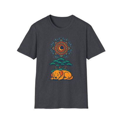 Zen Sleeping Dog T-Shirt with Bonsai and Mandala Art, Cozy Summer Shirt, Casual Wear, Gift for Dog Lovers, Unique Unisex T-Shirt