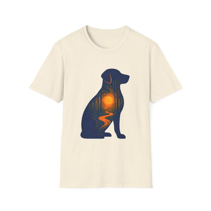 Sunset Dog Silhouette Nature Forest Adventure Unisex Softstyle T-Shirt | Perfect Gift for Pet Lovers, Nature Enthusiasts, Summer Wear, Gift for Dog Owners.