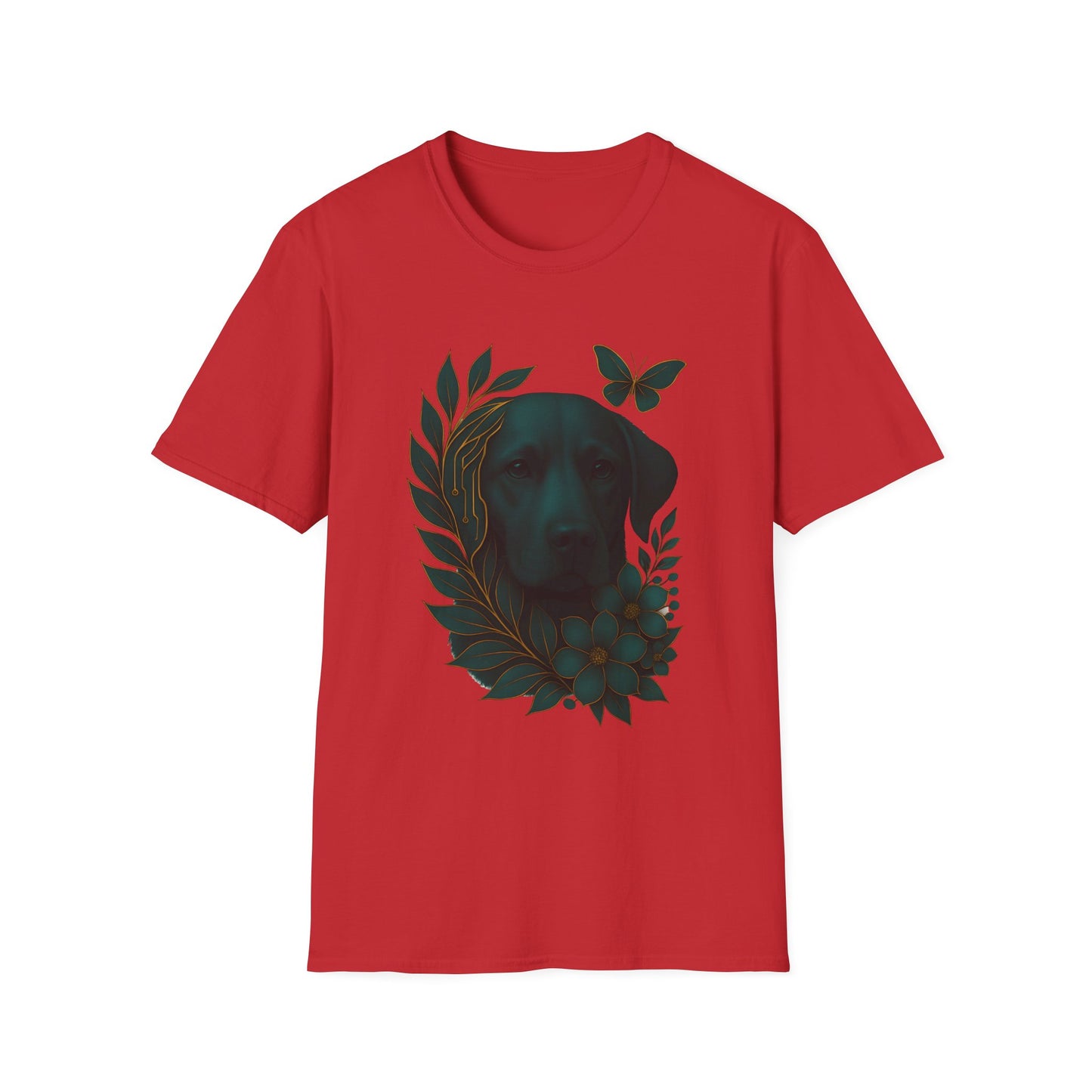 Cyber Floral Dog Silhouette T-Shirt - Unisex Softstyle Tee, Pet Lover Gift, Nature-Inspired Apparel, Casual Wear, Birthday Gift, Spring Fashion