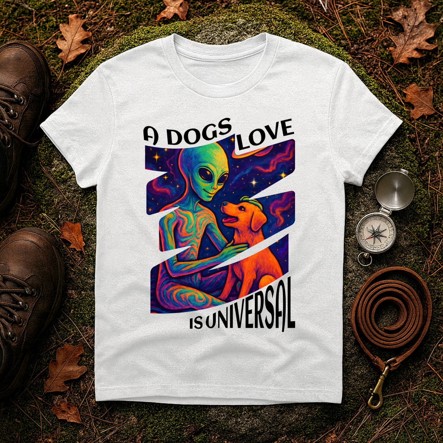 Universal Love Graphic Tee, Alien Dog Lover Shirt, Gift for Dog Owners, Unique Unisex T-Shirt, Fun Casual Wear, Cosmic Pets Apparel