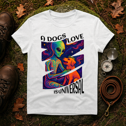 Universal Love Graphic Tee, Alien Dog Lover Shirt, Gift for Dog Owners, Unique Unisex T-Shirt, Fun Casual Wear, Cosmic Pets Apparel