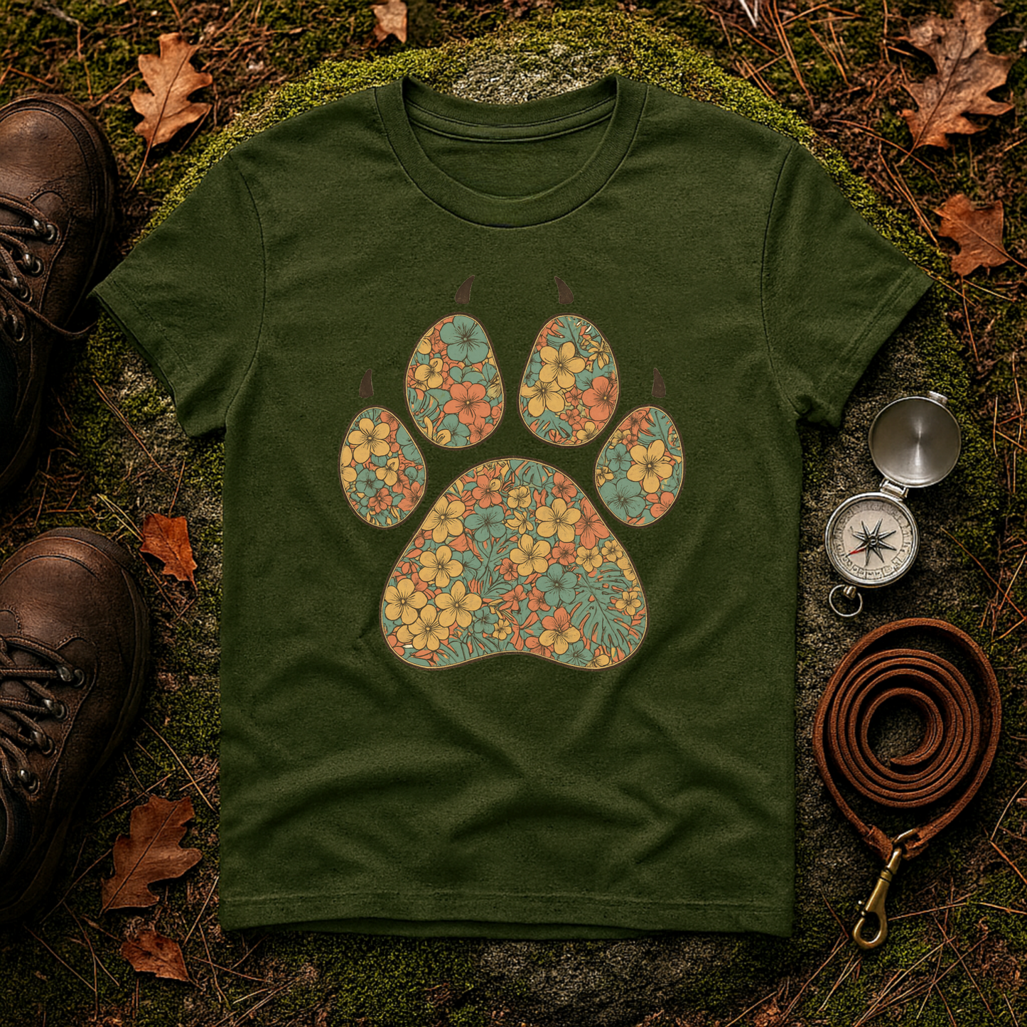 Vintage Tropical Floral Paw Print T-Shirt | Dog Lover Graphic Tee
