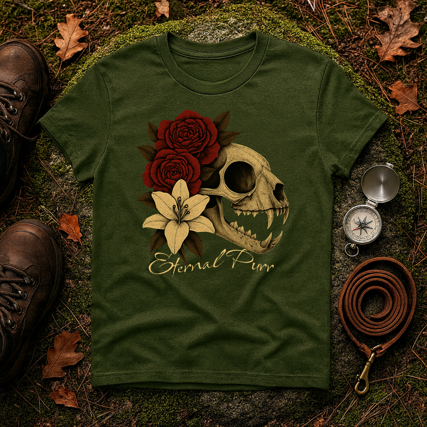 Eternal Purr Cat Skull Gothic Floral T-Shirt
