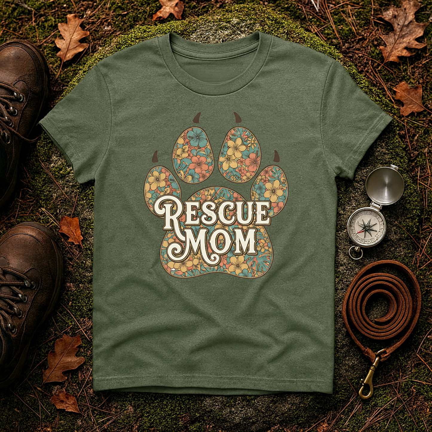 Rescue Mom T-Shirt | Floral Paw Print Dog Lover Tee