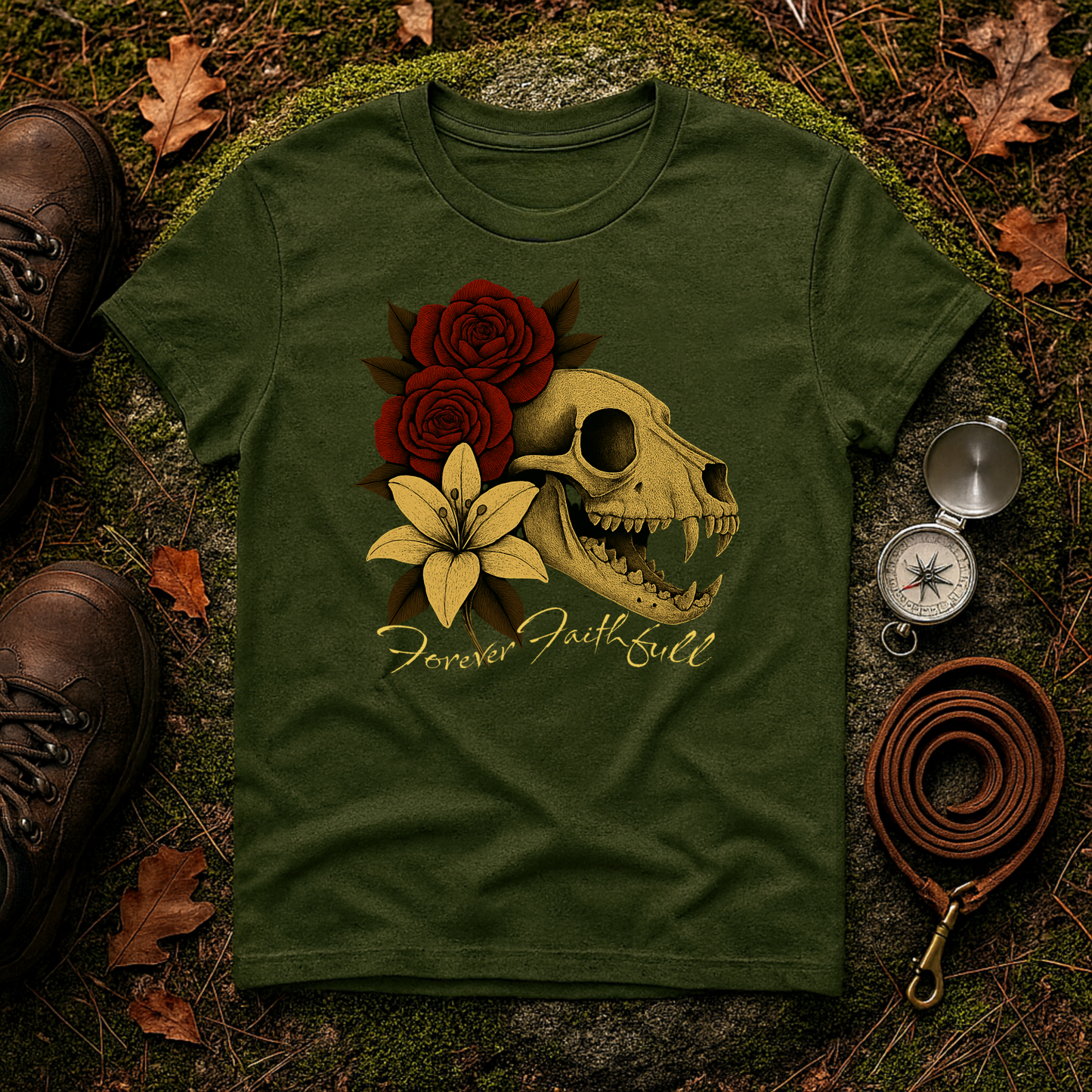 Forever Faithful Dog Skull Floral Gothic T-Shirt