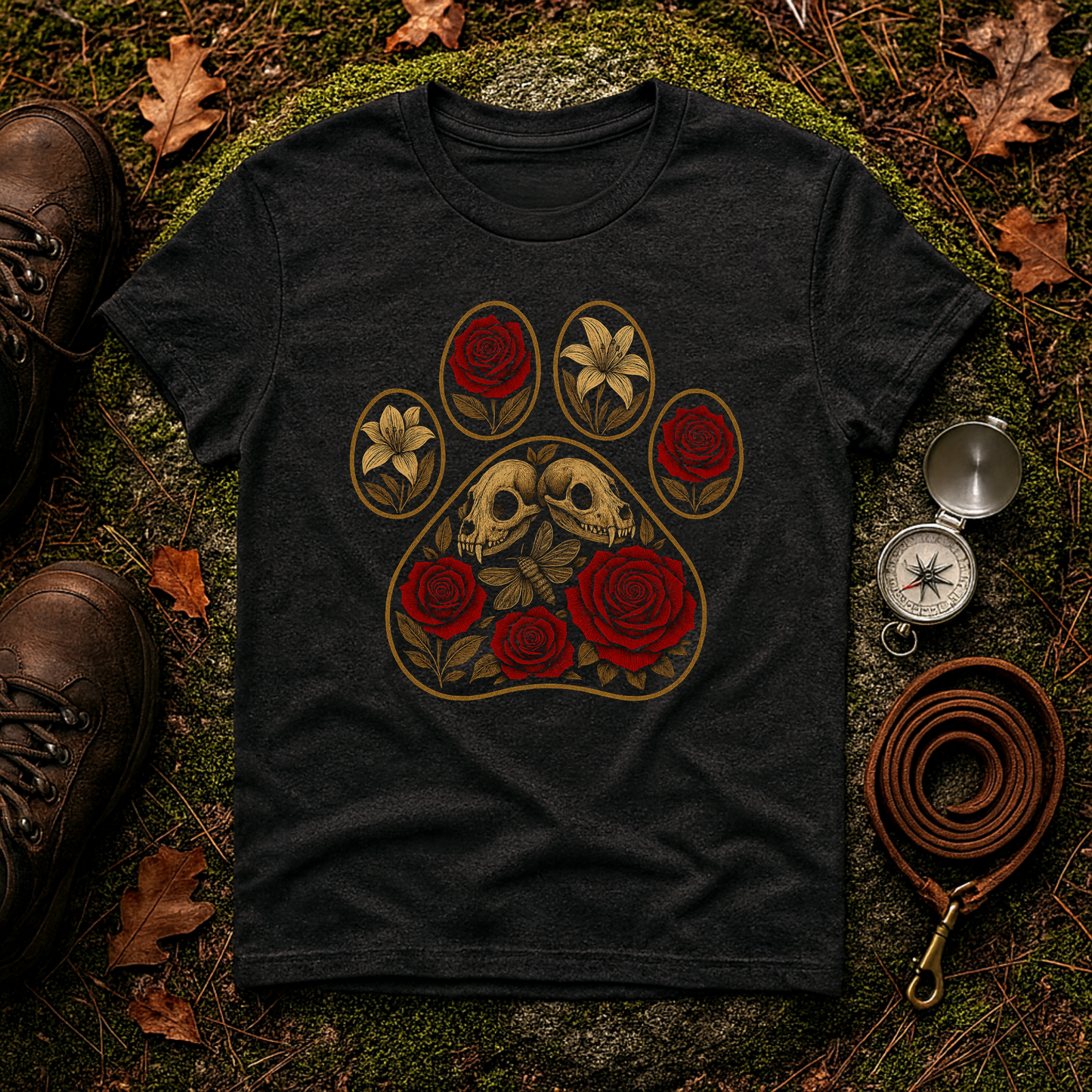 Gothic Paw Print T-Shirt | Skulls and Red Roses Dog Tee