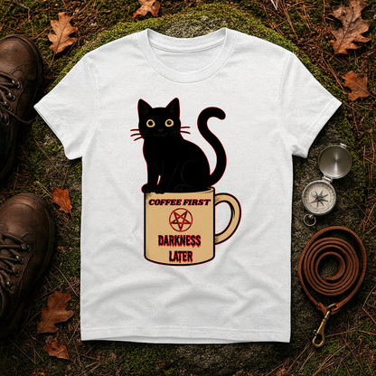 Coffee First, Darkness Later Cat T-Shirt, Unisex Tee for Cat Lovers, Perfect Gift for Halloween, Casual Wear, Comfortable Cotton Tee