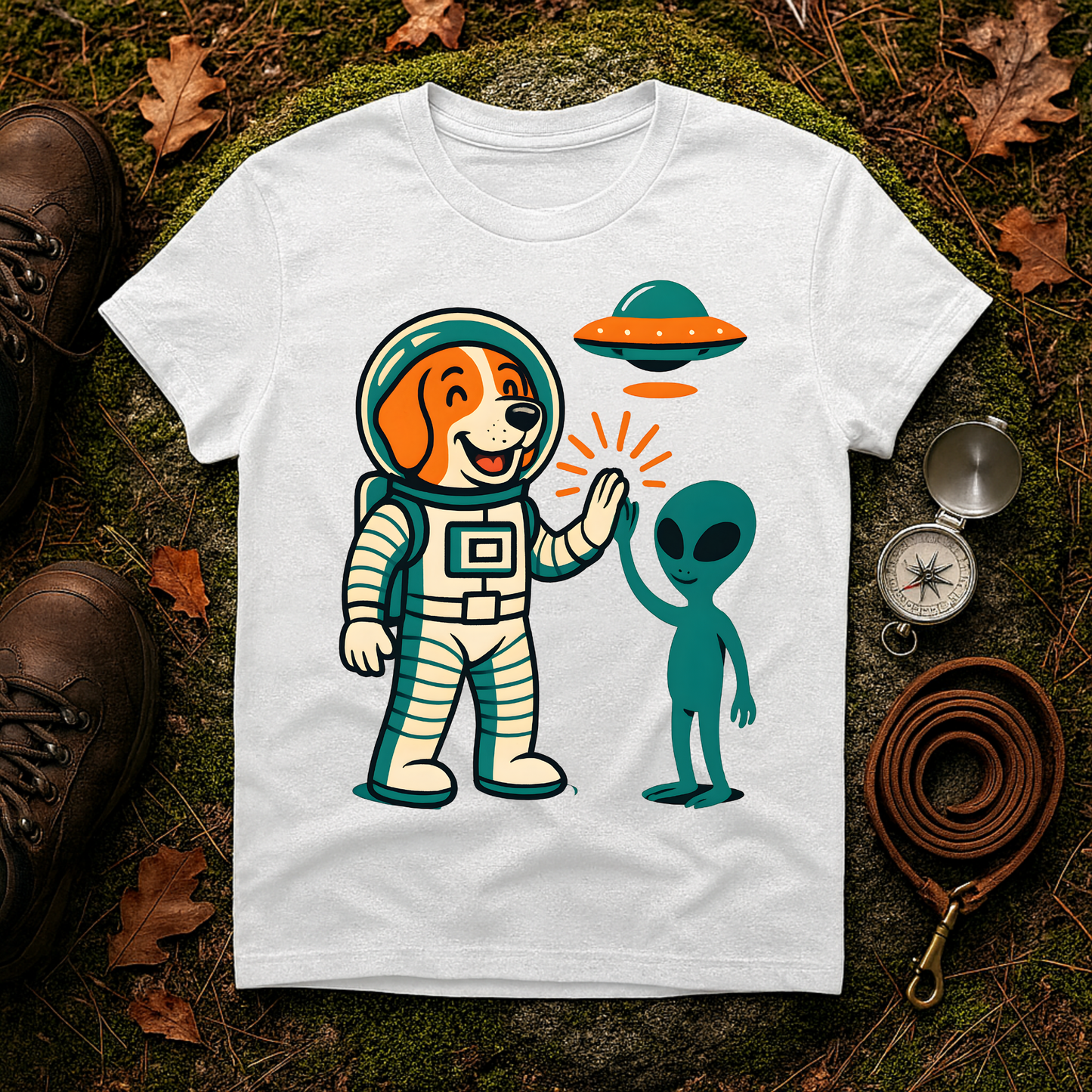 Alien High Five Dog T-Shirt – Funny Space Dog Tee for Animal Lovers, Casual Wear