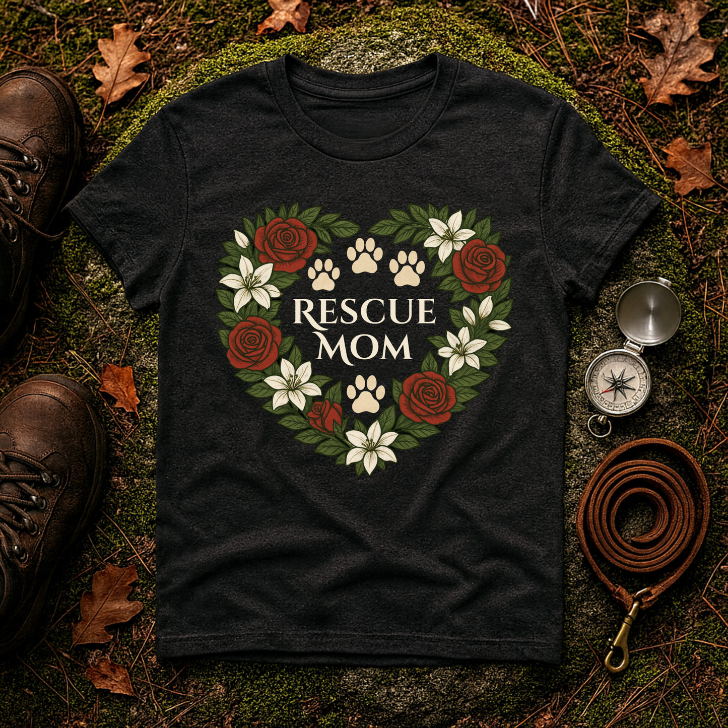 Rescue Mom Floral Paw Print Dog Lover T-Shirt