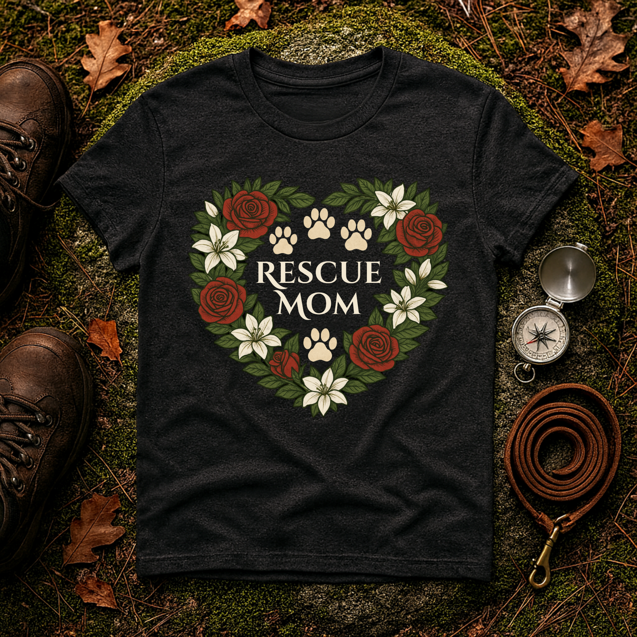Rescue Mom Floral Paw Print Dog Lover T-Shirt