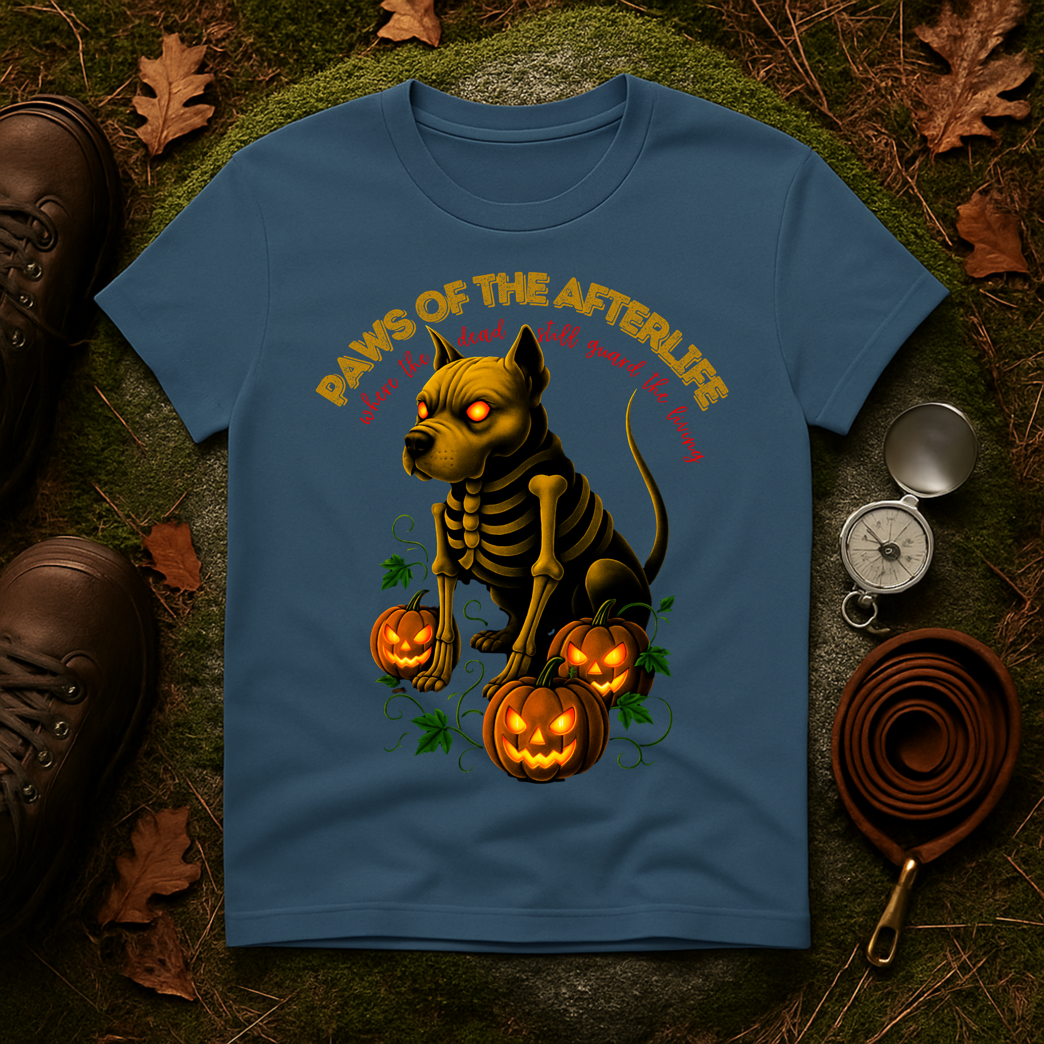 Paws of the Afterlife Pitbull Skeleton Halloween T-Shirt
