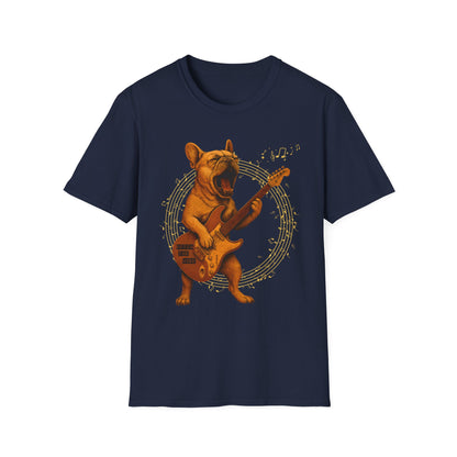 Rocking French Bulldog Unisex T-Shirt, Dog Lover Gift, Music Tee, Funny Graphic Shirt, Pet Themed Apparel