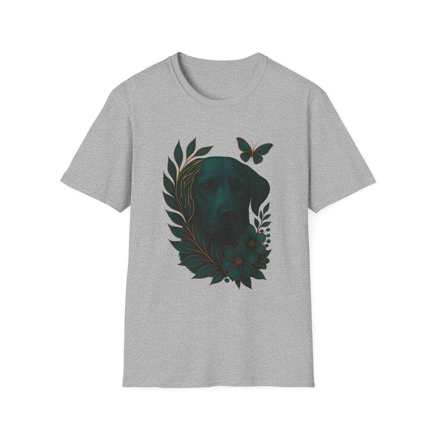 Cyber Floral Dog Silhouette T-Shirt - Unisex Softstyle Tee, Pet Lover Gift, Nature-Inspired Apparel, Casual Wear, Birthday Gift, Spring Fashion