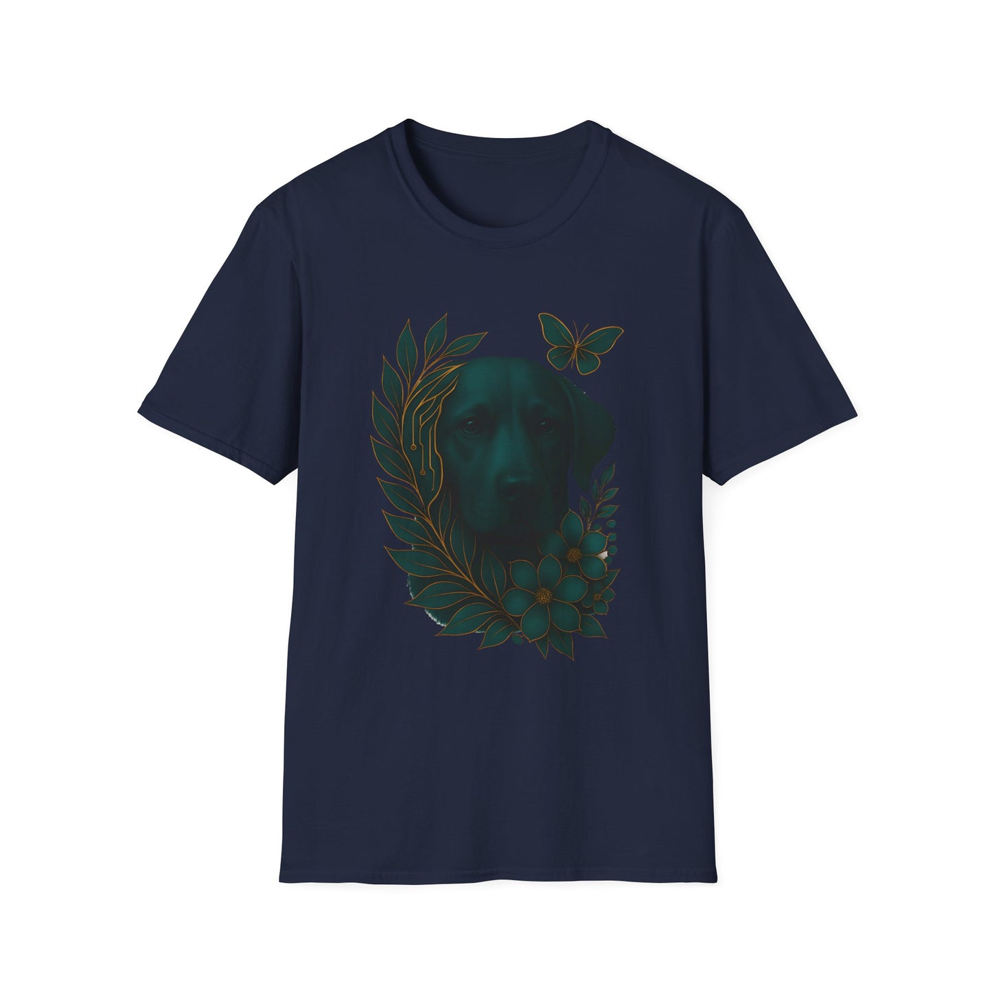 Cyber Floral Dog Silhouette T-Shirt - Unisex Softstyle Tee, Pet Lover Gift, Nature-Inspired Apparel, Casual Wear, Birthday Gift, Spring Fashion
