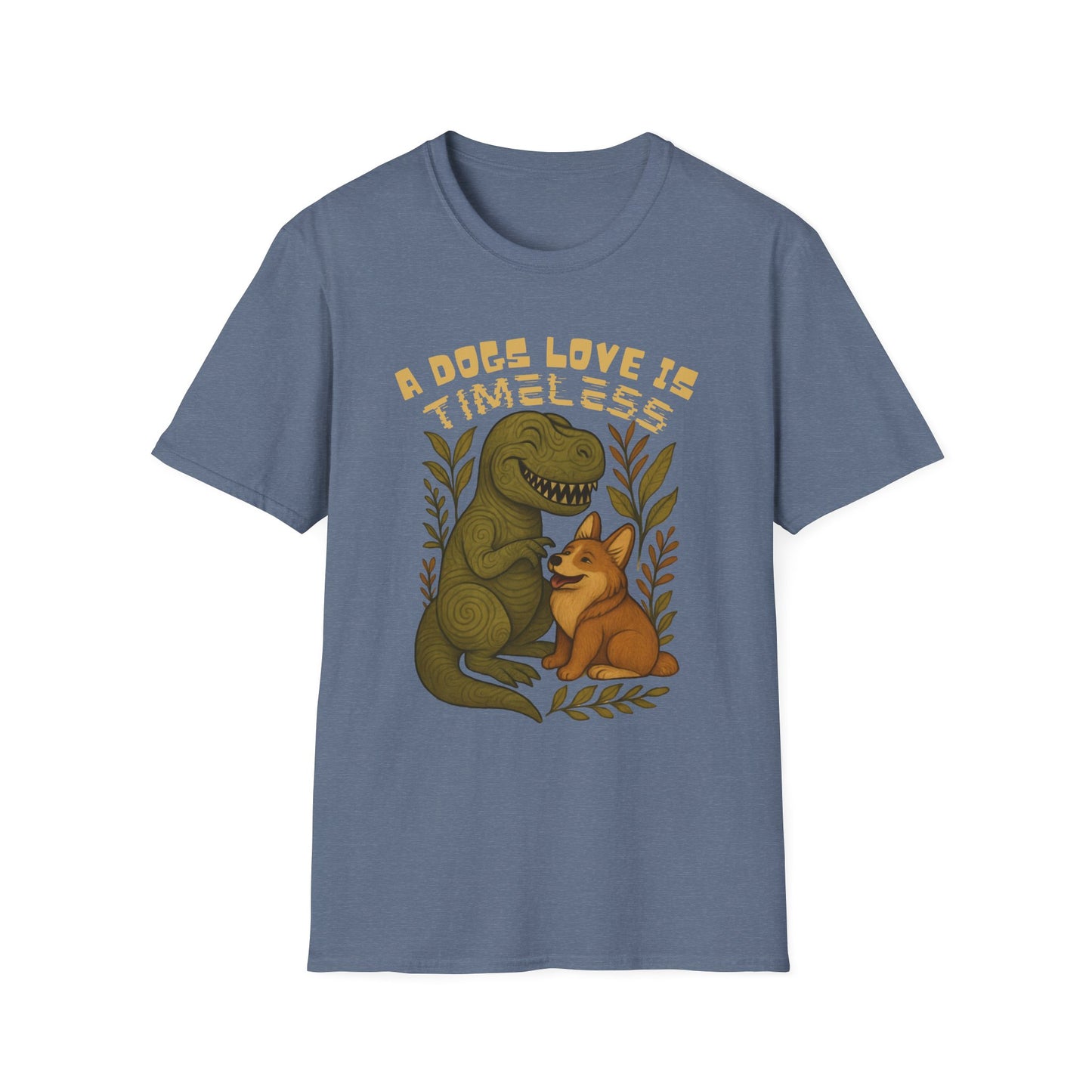 Timeless Love T-Shirt, Cute Dino and Dog Design, Pet Lover Gift, Unisex Apparel, Animal Lover Shirt, Casual Wear, Gift for Dog Owners