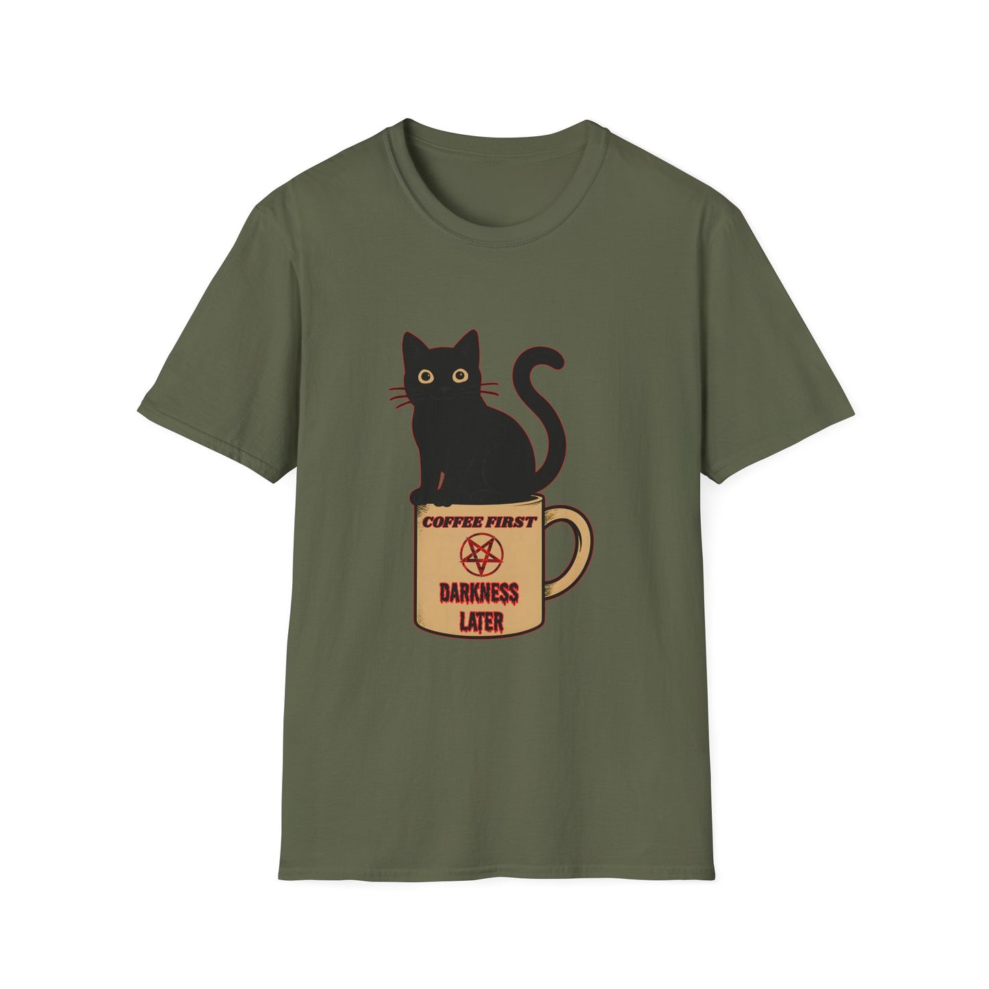 Coffee First, Darkness Later Cat T-Shirt, Unisex Tee for Cat Lovers, Perfect Gift for Halloween, Casual Wear, Comfortable Cotton Tee