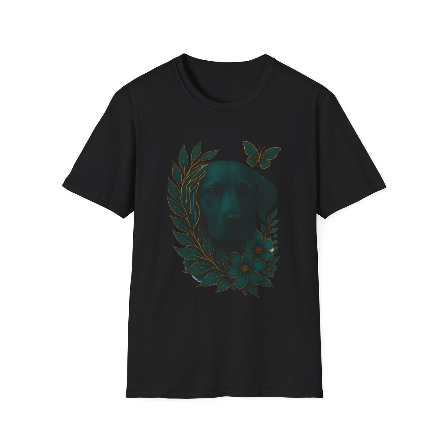 Cyber Floral Dog Silhouette T-Shirt - Unisex Softstyle Tee, Pet Lover Gift, Nature-Inspired Apparel, Casual Wear, Birthday Gift, Spring Fashion