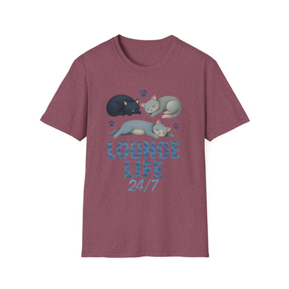 Lounge Life 24/7 Cute Sleeping Cats Funny T-Shirt,Gift for Cat Owners, Cat-Themed Apparel