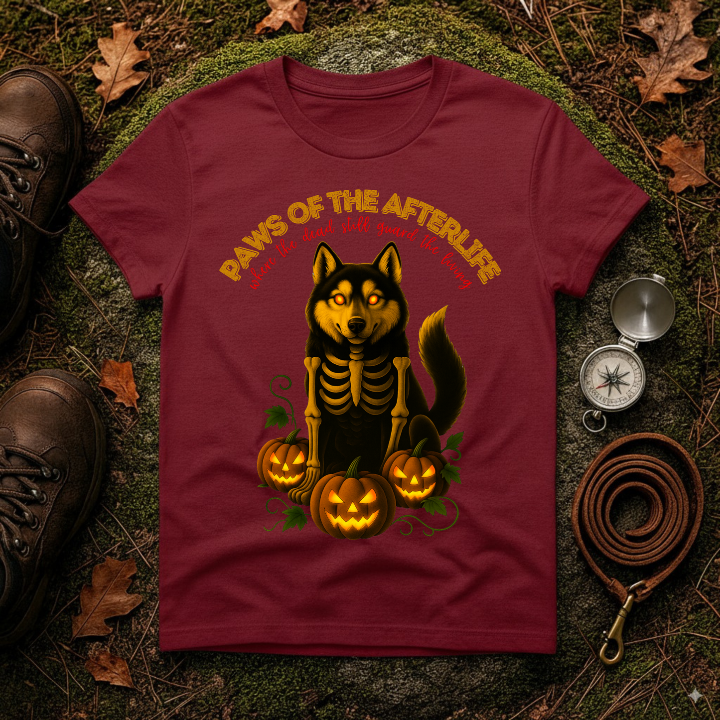 Paws of the Afterlife Husky Skeleton Halloween T-Shirt