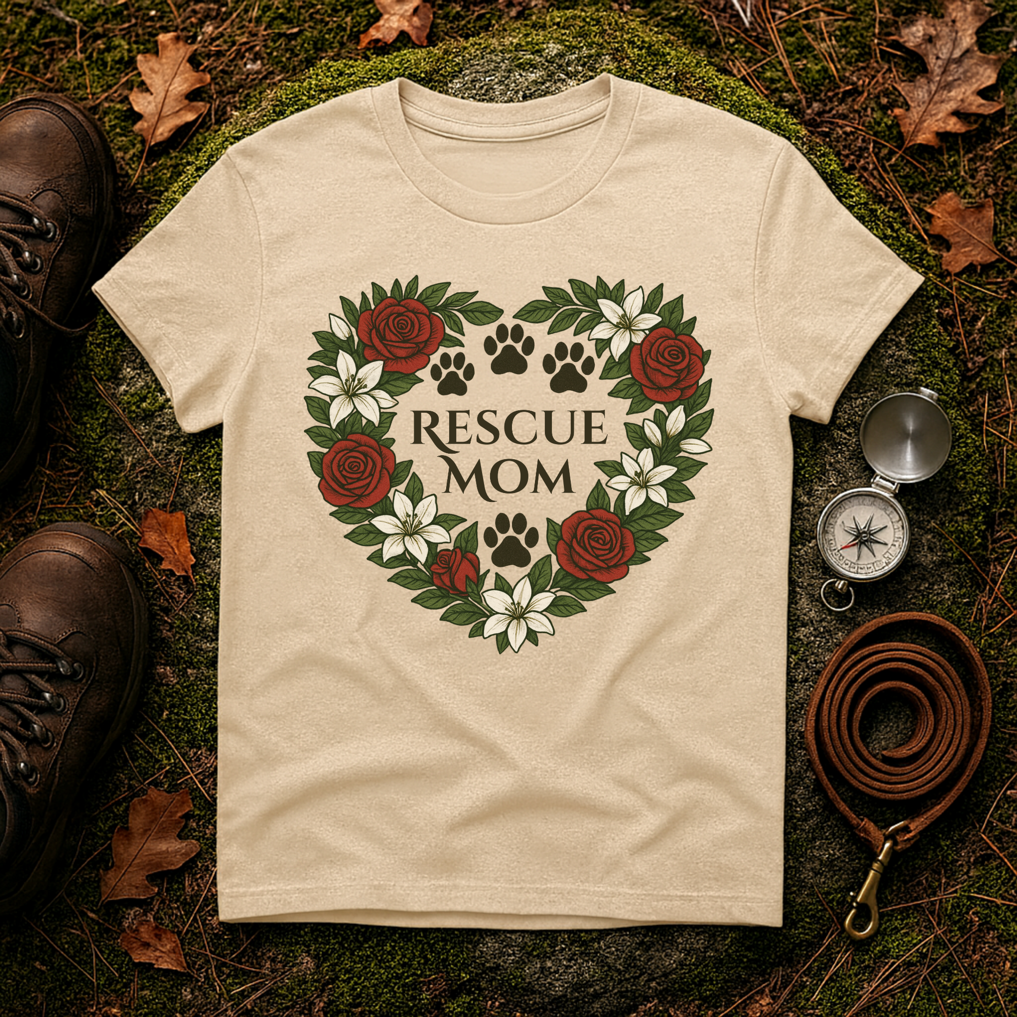 Rescue Mom Floral Paw Print Dog Lover T-Shirt