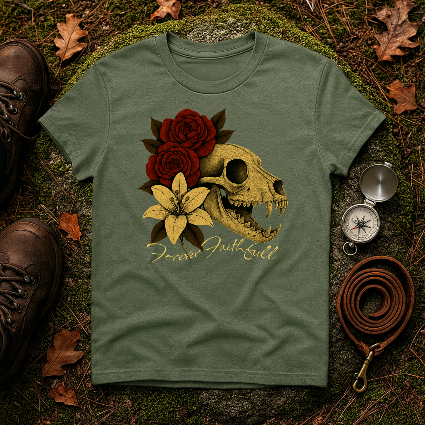 Forever Faithful Dog Skull Floral Gothic T-Shirt