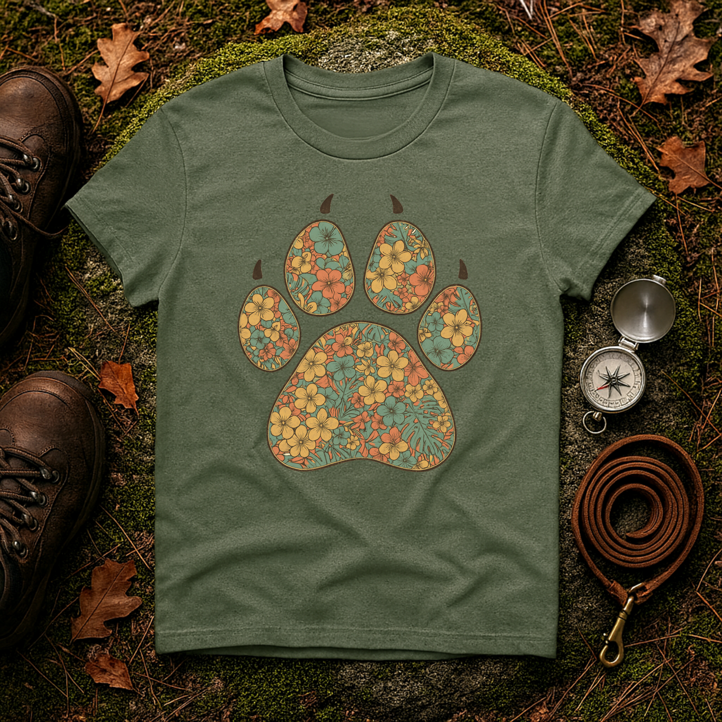 Vintage Tropical Floral Paw Print T-Shirt | Dog Lover Graphic Tee