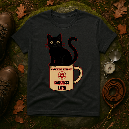 Coffee First, Darkness Later Cat T-Shirt, Unisex Tee for Cat Lovers, Perfect Gift for Halloween, Casual Wear, Comfortable Cotton Tee