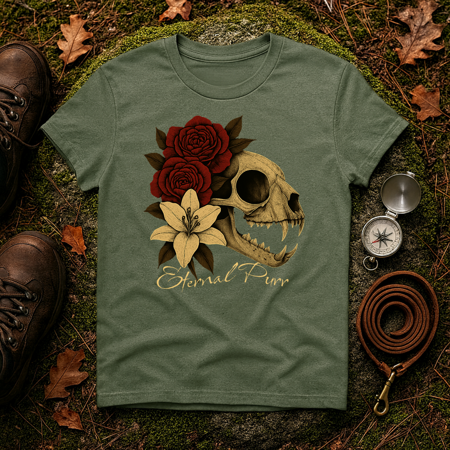 Eternal Purr Cat Skull Gothic Floral T-Shirt