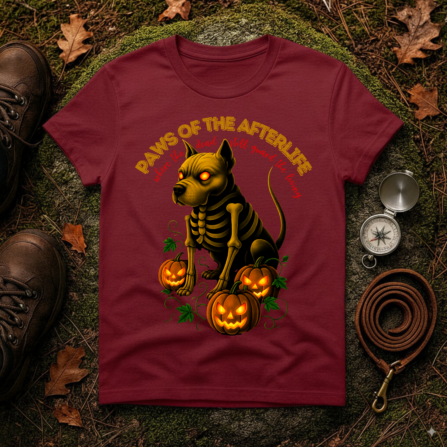 Paws of the Afterlife Pitbull Skeleton Halloween T-Shirt