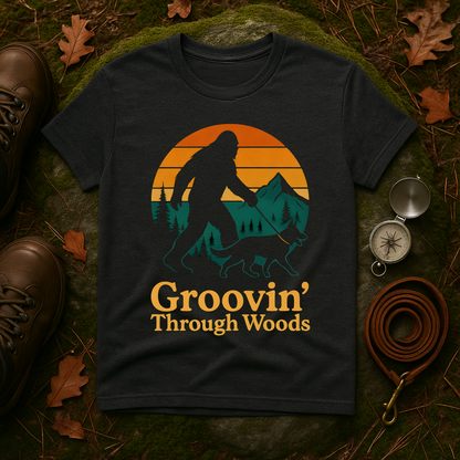 Bigfoot Walking Dog T-Shirt Funny Hiking Pet Lover Tee, Nature Lover Gift, Outdoor Enthusiast Apparel, Groovin' Through Woods Shirt