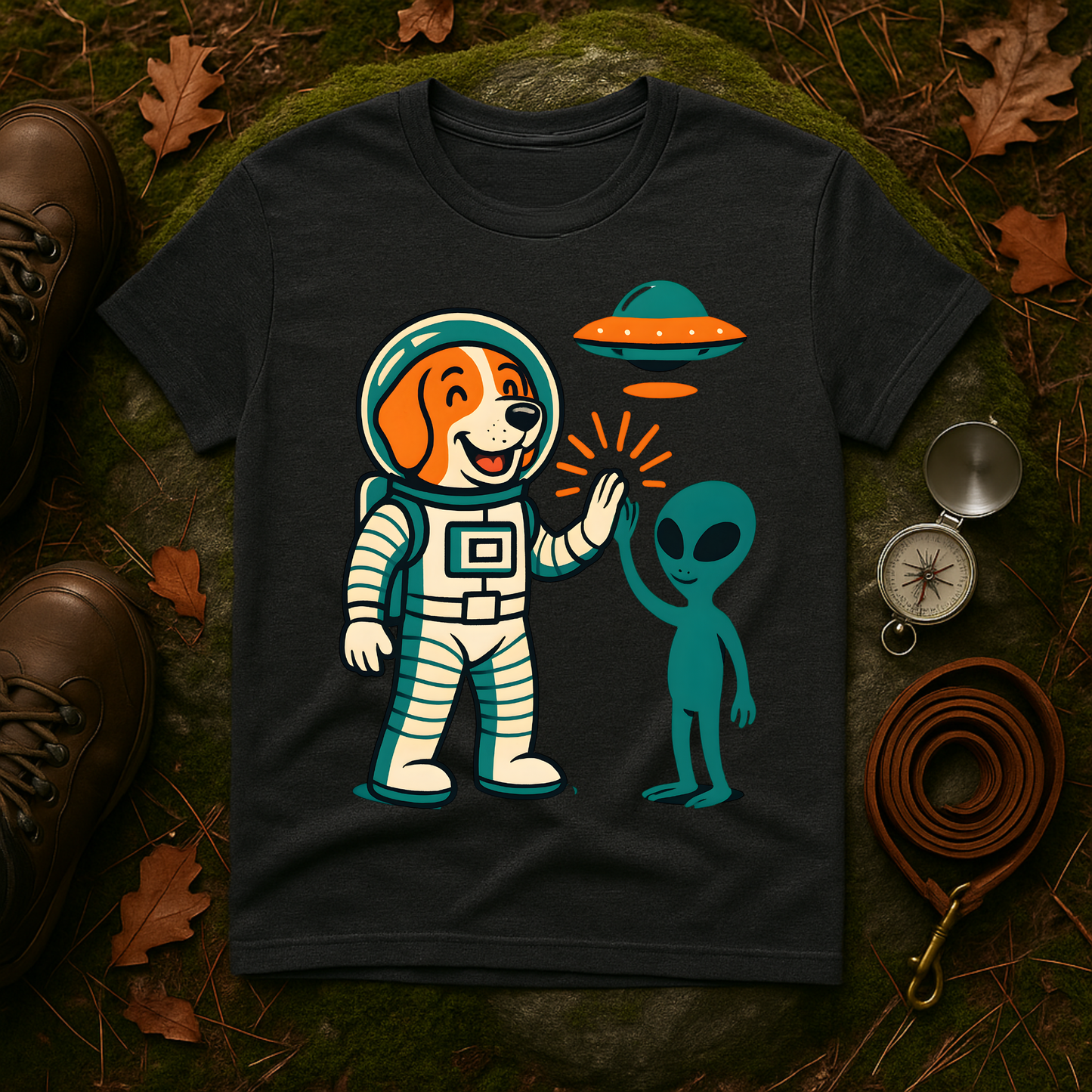 Alien High Five Dog T-Shirt – Funny Space Dog Tee for Animal Lovers, Casual Wear