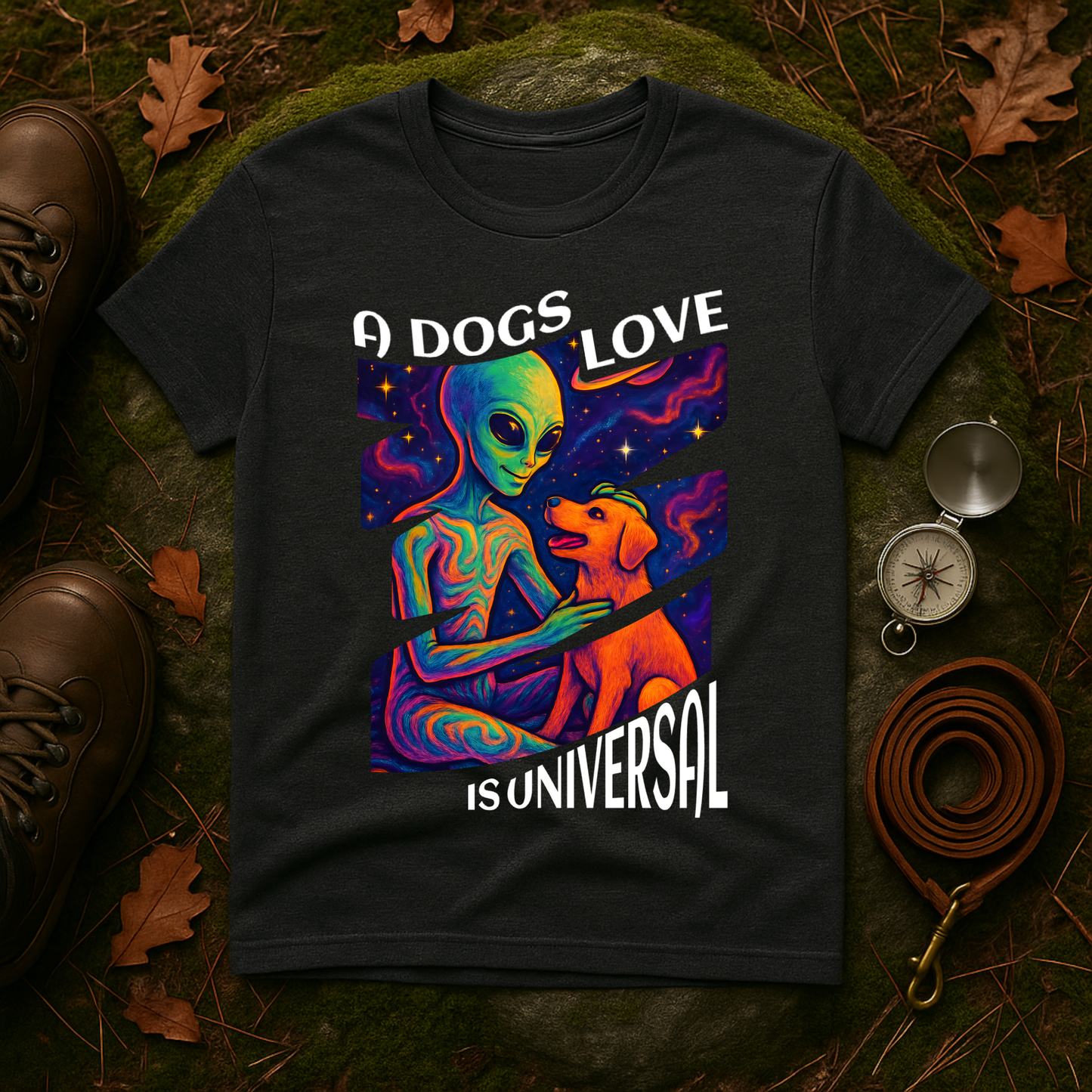 Universal Love Graphic Tee, Alien Dog Lover Shirt, Gift for Dog Owners, Unique Unisex T-Shirt, Fun Casual Wear, Cosmic Pets Apparel