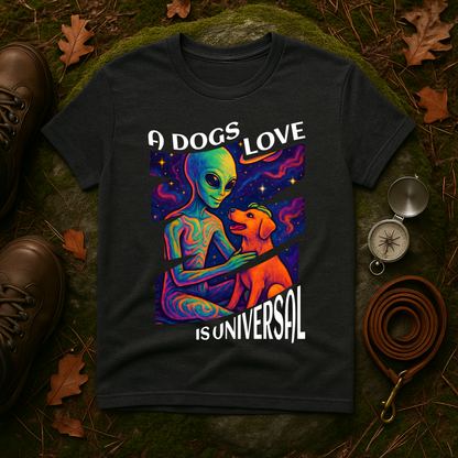 Universal Love Graphic Tee, Alien Dog Lover Shirt, Gift for Dog Owners, Unique Unisex T-Shirt, Fun Casual Wear, Cosmic Pets Apparel