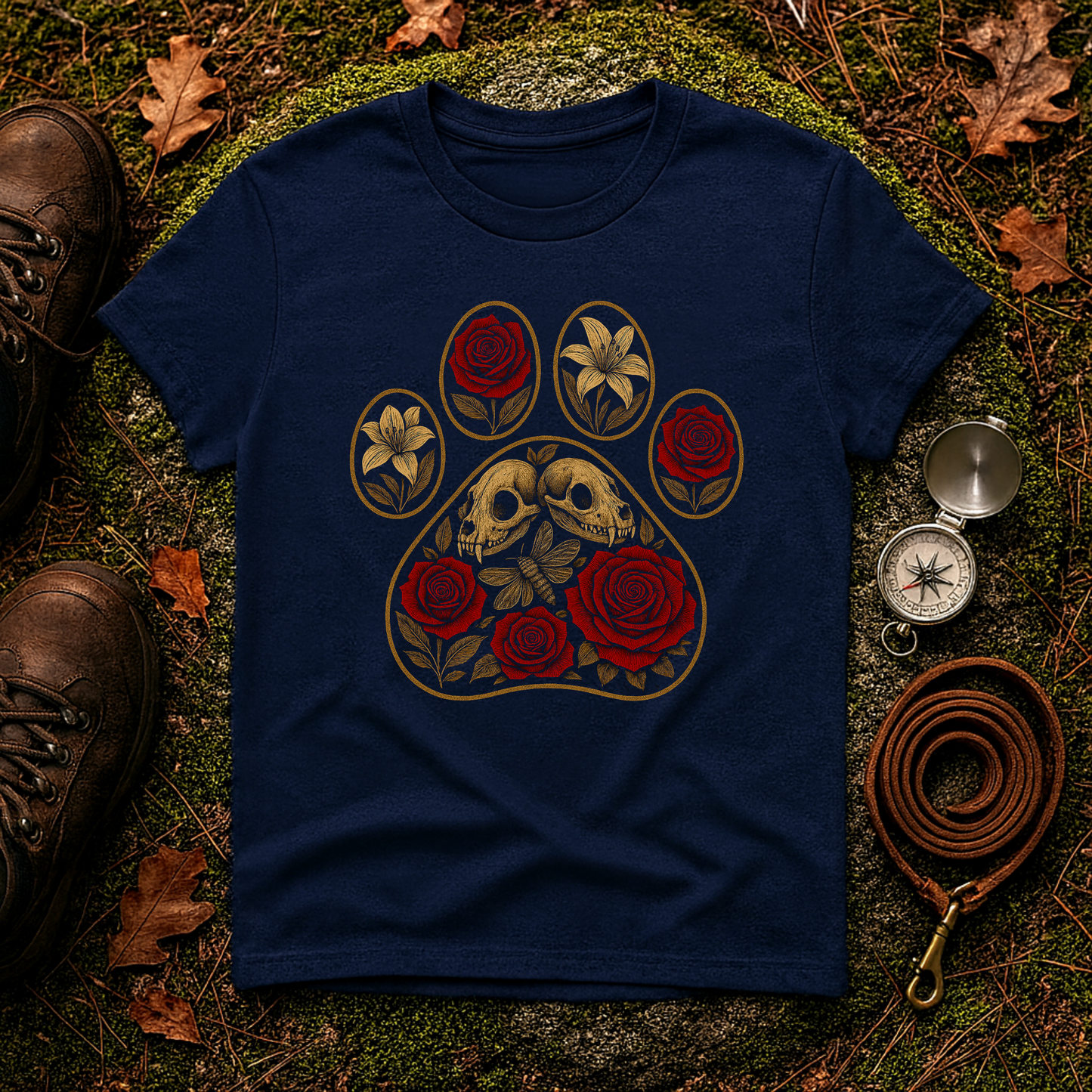 Gothic Paw Print T-Shirt | Skulls and Red Roses Dog Tee