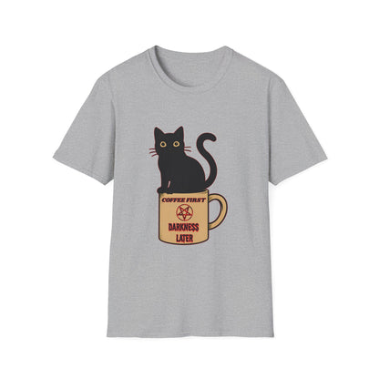 Coffee First, Darkness Later Cat T-Shirt, Unisex Tee for Cat Lovers, Perfect Gift for Halloween, Casual Wear, Comfortable Cotton Tee