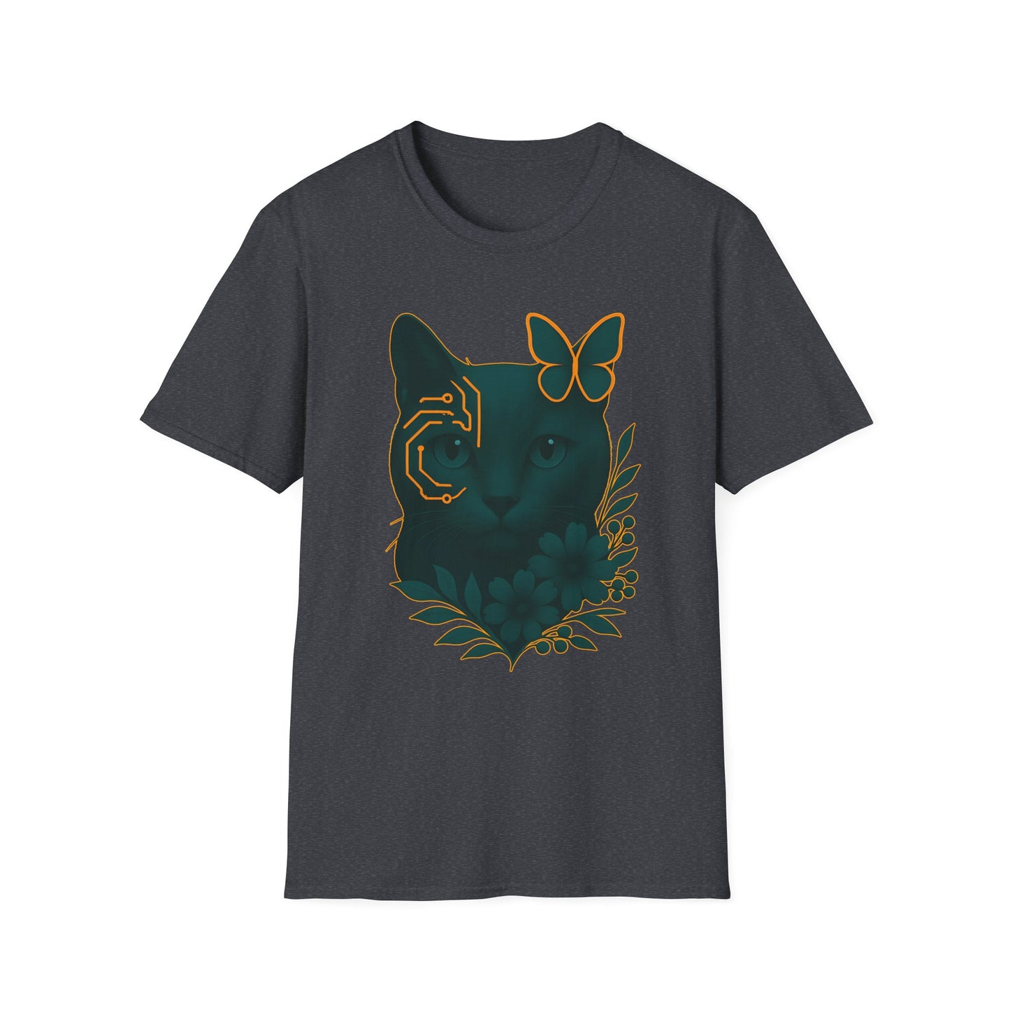 Cyber Floral Cat T-Shirt – Futuristic Cat Lover Tee, Nature Inspired Tee, Animal Print Shirt, Butterfly Art Design