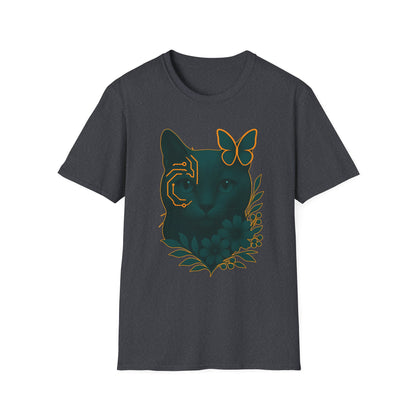 Cyber Floral Cat T-Shirt – Futuristic Cat Lover Tee, Nature Inspired Tee, Animal Print Shirt, Butterfly Art Design