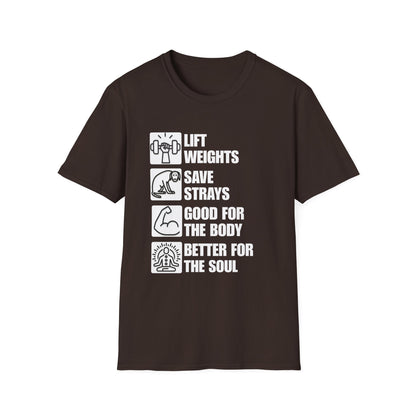 Lift Weights Save Strays T-Shirt | Fitness Dog Rescue Tee