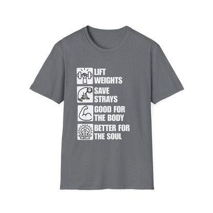 Lift Weights Save Strays T-Shirt | Fitness Dog Rescue Tee